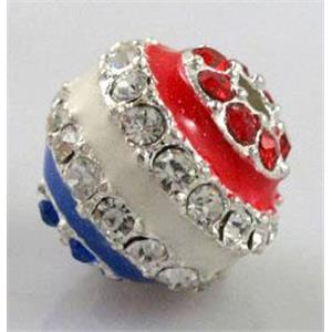 Alloy bead with rhinestone, enamel round, 12mm dia, 2.5mm hole