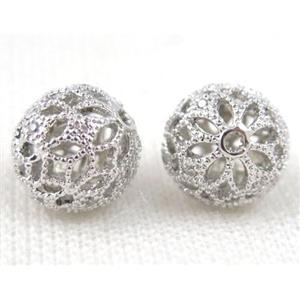 round copper beads pave zircon, platinum plated, 10mm dia