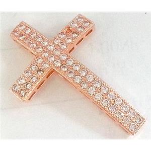 bracelet bar, cross, copper bead with zircon rhinestone, red copper, approx 20x32mm