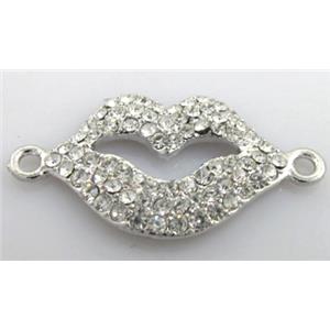 bracelet bar, lip charm, alloy with Rhinestone, platinum plated, 38x20mm