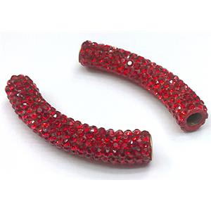 polymer clay paved rhinestone, curved sideways, red, 10x47mm, 4.5mm hole