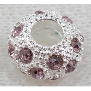 alloy bead with rhinestone, silver plated, 10-11mm dia, hole:5mm