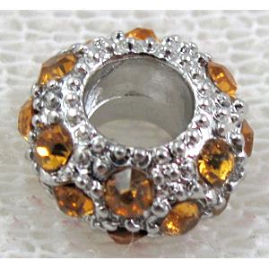 alloy bead with rhinestone, platinum plated, 11-12mm dia, hole:5mm