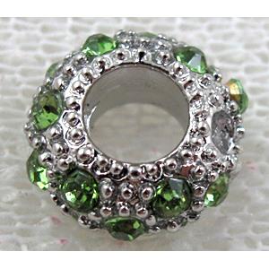 alloy bead with rhinestone, platinum plated, 11-12mm dia, hole:5mm