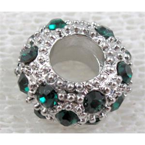 alloy bead with rhinestone, platinum plated, 10-11mm dia, hole:5mm