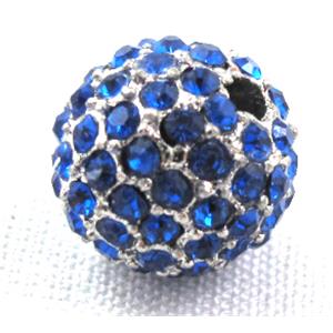 round beads, paved blue rhinestone, alloy, platinum plated, 12mm dia, 2.6mm hole