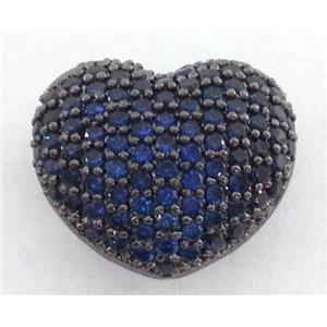 paved zircon copper bead, heart, blue, black plated, approx 14mm wide