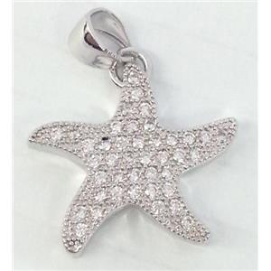 Copper Starfish Pendant Pave Zircon Platinum Plated, approx 18mm dia