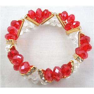 Chinese Crystal Glass Bracelet, rhinestone, stretchy, red, clear, 60mm dia, bead:8mm