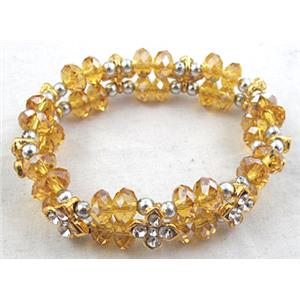 Chinese Crystal Glass Bracelet, rhinestone, stretchy, yellow, 60mm dia, bead:8mm, flower:9x9mm