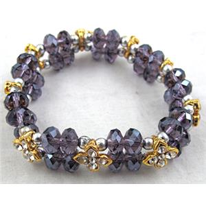 Chinese Crystal Glass Bracelet, rhinestone, stretchy, purple, 60mm dia, bead:8mm, flower:9x9mm