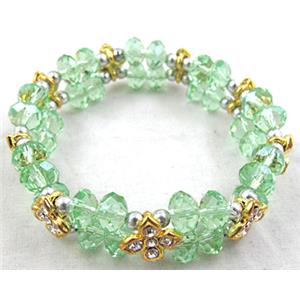 Chinese Crystal Glass Bracelet, rhinestone, stretchy, lt.green, 60mm dia, bead:8mm, flower:9x9mm