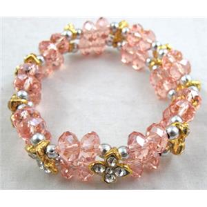 Chinese Crystal Glass Bracelet, rhinestone, stretchy, rose-pink, 60mm dia, bead:8mm, flower:9x9mm