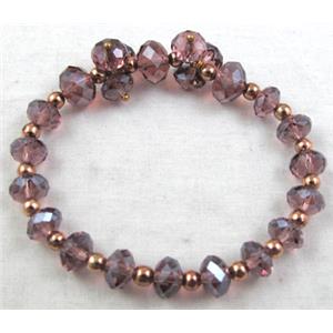 Chinese Crystal Glass Bracelet, stretchy, purple, 60mm dia, bead:10mm, 8mm