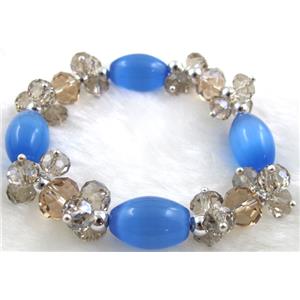 stretchy Bracelet with Chinese crystal beads, cat eye beads, 60mm dia, cat inchs eye bead: 11x18mm, glass bead:8mm