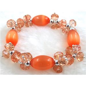 stretchy Bracelet with Chinese crystal beads, cat eye beads, 60mm dia, cat inchs eye bead: 11x18mm, glass bead:8mm