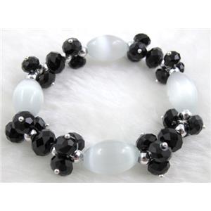 stretchy Bracelet with Chinese crystal beads, cat eye beads, 60mm dia, cat inchs eye bead: 11x18mm, glass bead:8mm