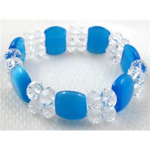 stretchy Bracelet with Chinese crystal beads, cat eye beads, 60mm dia,cat inchs bead:12.5x17.5mm, glass:8mm