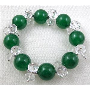 stretchy Bracelet with Chinese crystal beads, jade beads, green, 60mm dia, jade bead:14mm, glass:8mm