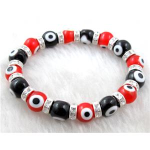 lampwork glass bracelet, stretchy, evil eye, 10mm dia, 7 inch length