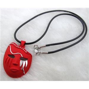 lacquered mask Necklace, alloy, rubber cord, red, 30x42mm, 16 inch length