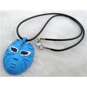 lacquered mask Necklace, alloy, rubber cord, blue, 30x45mm, 16 inch length