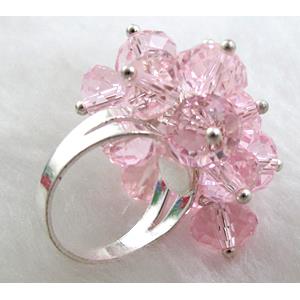 handcraft Crystal glass ring, pink, ring:18mm dia, glass bead:8mm