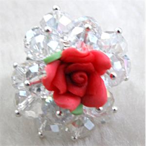 fimo clay ring with crystal glass, red, 30x35mm,ring:20mm, flower:16mm