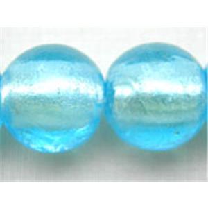 Lampwork Glass Beads with silver foil, round, aqua, 14mm dia, 28pcs per st