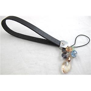 cell phone cord, String hanger PU leather, Crystal Pendant, 14cm(5.5 inch ) length, glass bead:8mm