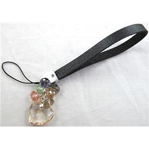 mobile phone strap, String hanger (PU) leather, Heart Crystal Pendant, 14cm(5.5 inch ) length, glass bead:8mm