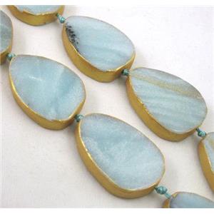 Amazonite teardrop beads, dark-gold plated, approx 20-30mm, 12pcs per st