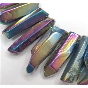 Clear Quartz Bead, stick, rainbow electroplated, polished, approx 20-45mm