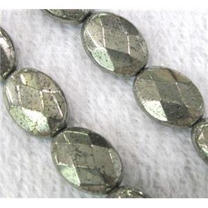 natural Pyrite Beads, faceted flat-oval, approx 10x14mm, 15.5 inches length