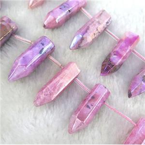 Clear Quartz Beads, bullet, hotpink electroplated, approx 10-35mm