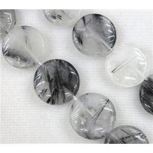 black rutilated quartz beads, flat round, approx 14mm dia