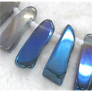 rock agate beads, stick, blue electroplated, approx 30-70mm, 15.5 inches