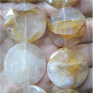 Iron-Quartz bead, faceted flat-round, yellow, approx 30mm dia