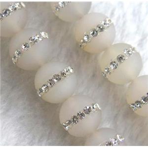 white agate beads with rhinestone, round, matte, approx 12mm dia, 15.5 inches