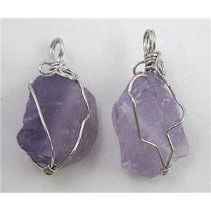 natural Amethyst stone pendants, wire wrapped, freeform, approx 20-35mm