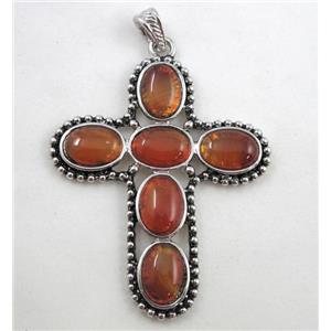 gemstone pendant, cross, red aventurine, antique silver, approx 55x71mm, 10x14mm stone