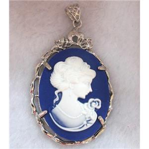 Victorian Lady Portrait Cameo resin pendant, platinum plated, approx 37x56mm