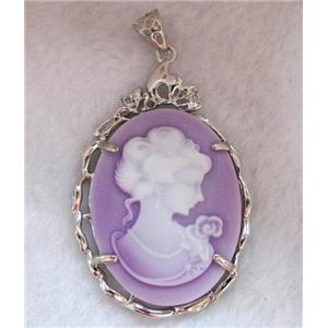 Victorian Lady Portrait Cameo resin pendant, platinum plated, approx 37x56mm