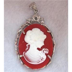 Victorian Lady Portrait Cameo resin pendant, platinum plated, approx 37x56mm