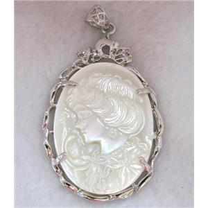 Victorian Lady Portrait Cameo, shell pearl pendant, platinum plated, approx 37x56mm