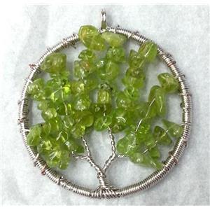 Green Peridot Chips Pendant Tree Of Life Wire Wrapped Platinum Plated, approx 50mm dia