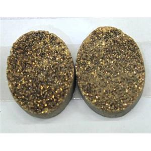 quartz druzy cabochon, oval, gold plated, approx 15x20mm