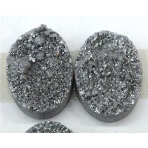 quartz druzy cabochon, oval, silver plated, approx 15x20mm