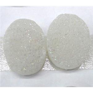 quartz druzy cabochon, oval, white ab-color, approx 12x16mm