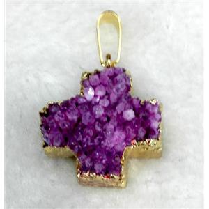 hotpink quartz druzy pendant, cross, gold plated, approx 24-28mm